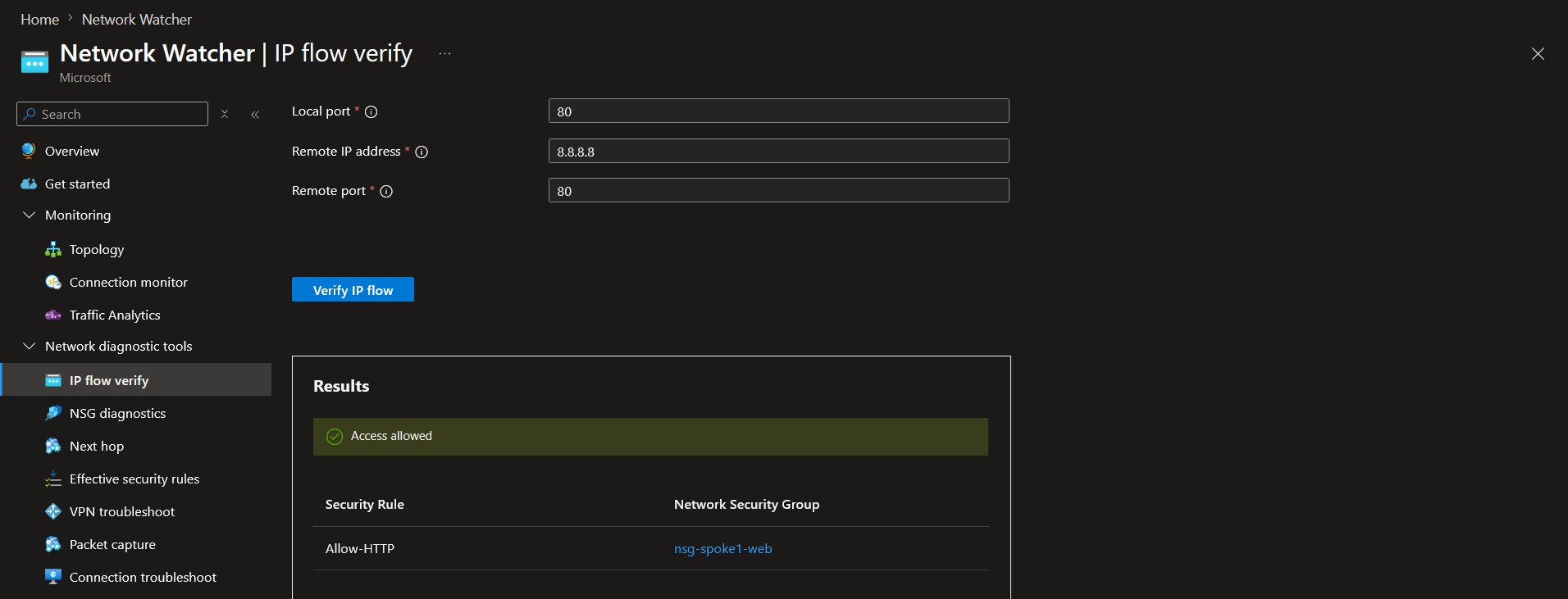 IP Flow Verify confirming inbound HTTP traffic from the internet is permitted.